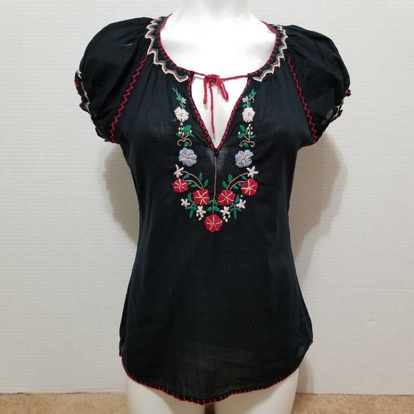 Johnny J. top Medium floral embroidered peasant tassel tie neck boho hippie - Picture 1 of 14